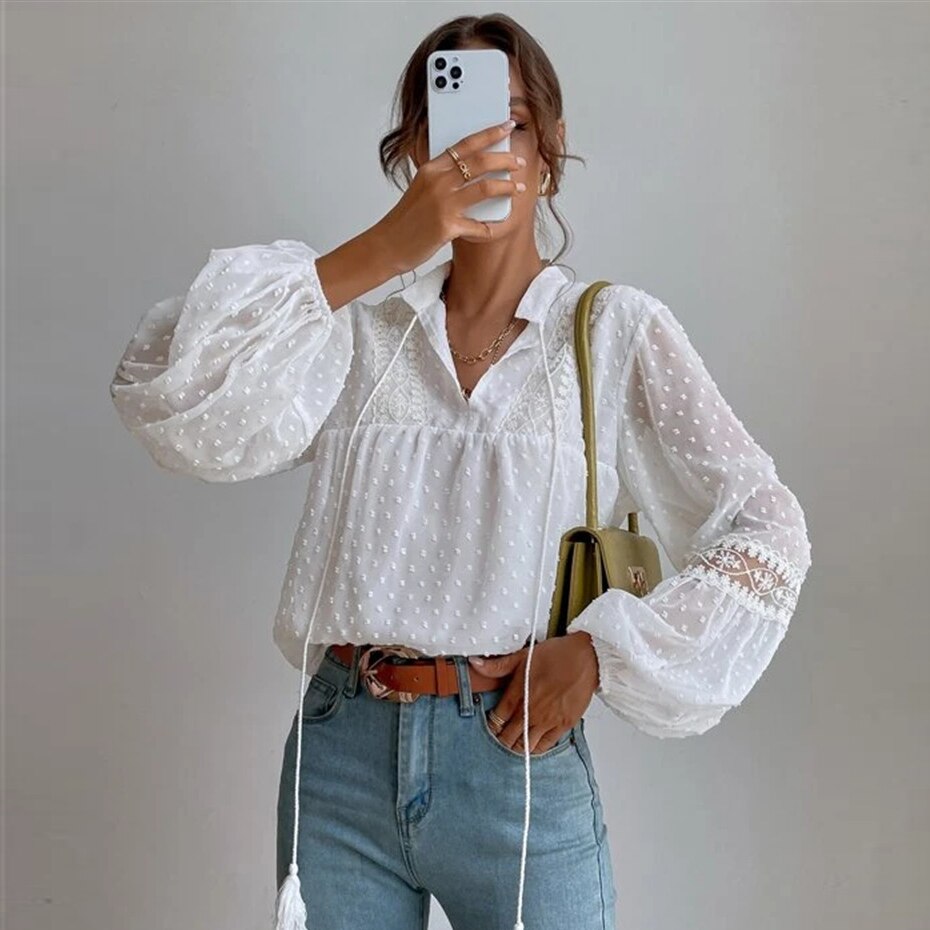 swvws Summer Elegant Polka Dot Blouse Shirt Women Long Sleeve Casual Blouses Loose Jacquard Office Lady Tops Female V Neck Solid Shirt