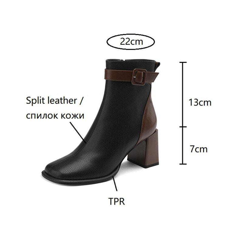 swvws Autumn Shoes    Autumn Boots Women Square Toe Women Boots Split Leather Shoes for Women Mixed Colors Belt Buckle Boots Winter High Heel Boots