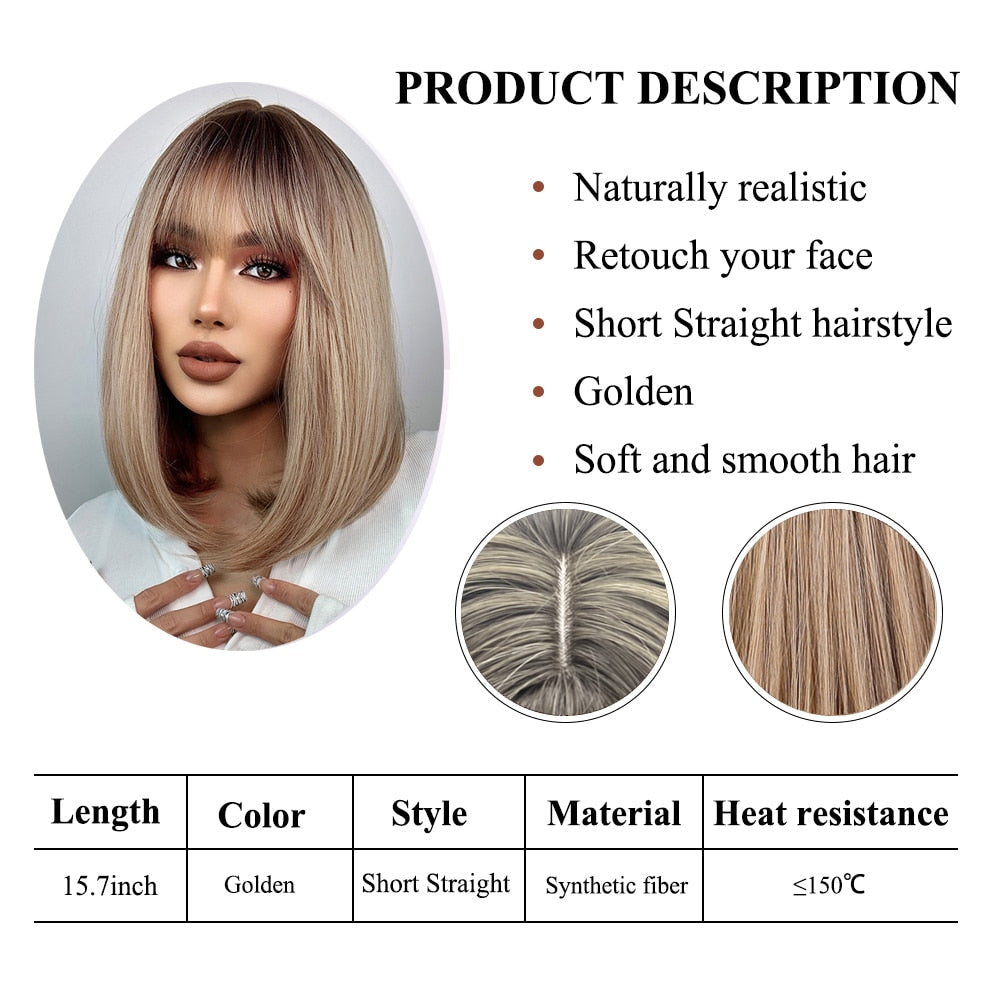 swvws  Short Straight Bob Wigs With Bang Golden Brown Natural Synthetic Hair For Women Daily Cosplay Heat Resistant Fiber Wigs