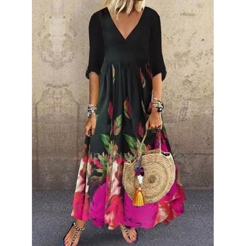 swvws Sukienki Midi Airycloth Printed Dress  New Ladies Elegant V Neck Half Sleeve Loose A-Line Dress Summer Party Dresses