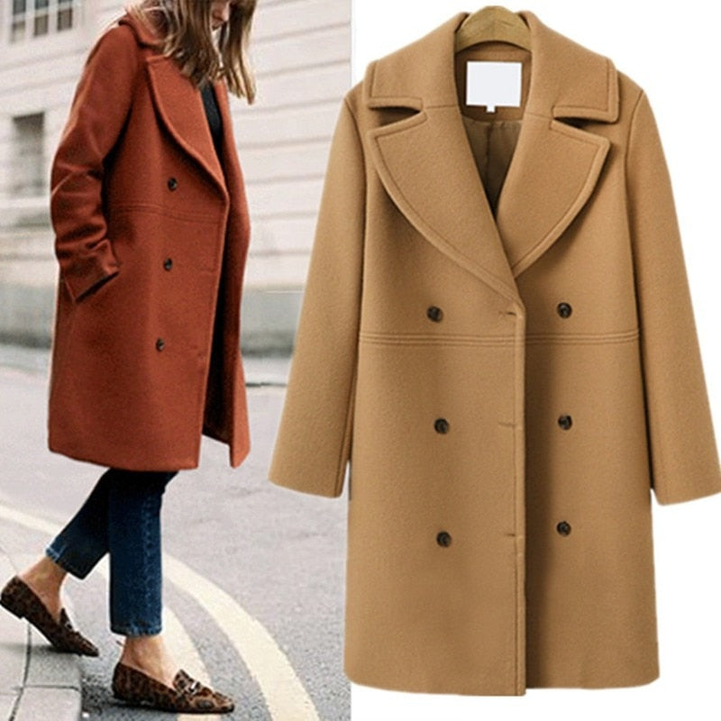 swvws Elegant Double Breasted Long Ladies Coat Oversized Outwear  Winter Women Wool Coats Casual Effects Jackets Woolen Overcoat