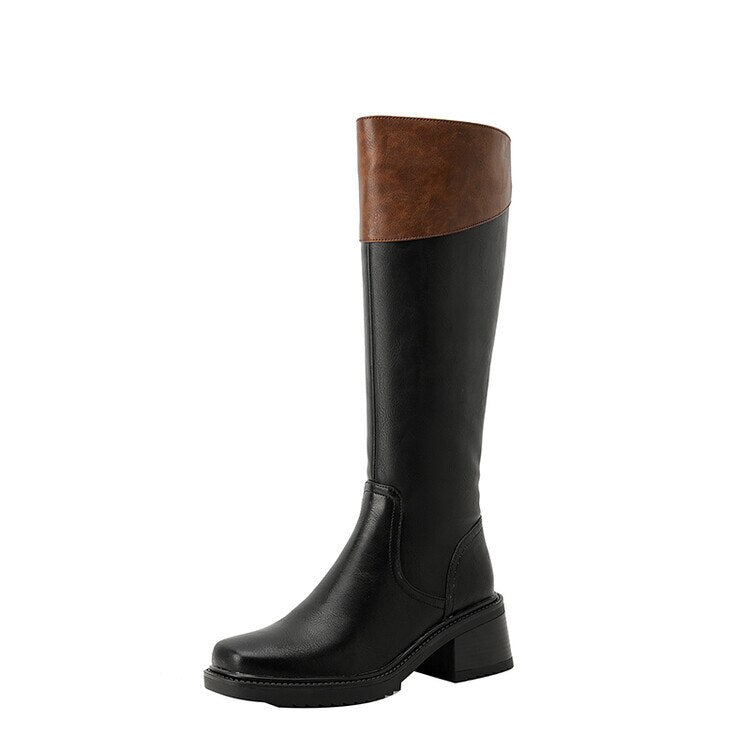 swvws  fashion inspo    Winter Knee High Boots for Women Split Leather Boots Round Toe Chunky Boots Mixed Colors Women Shoes Warm Platform Knight Boots