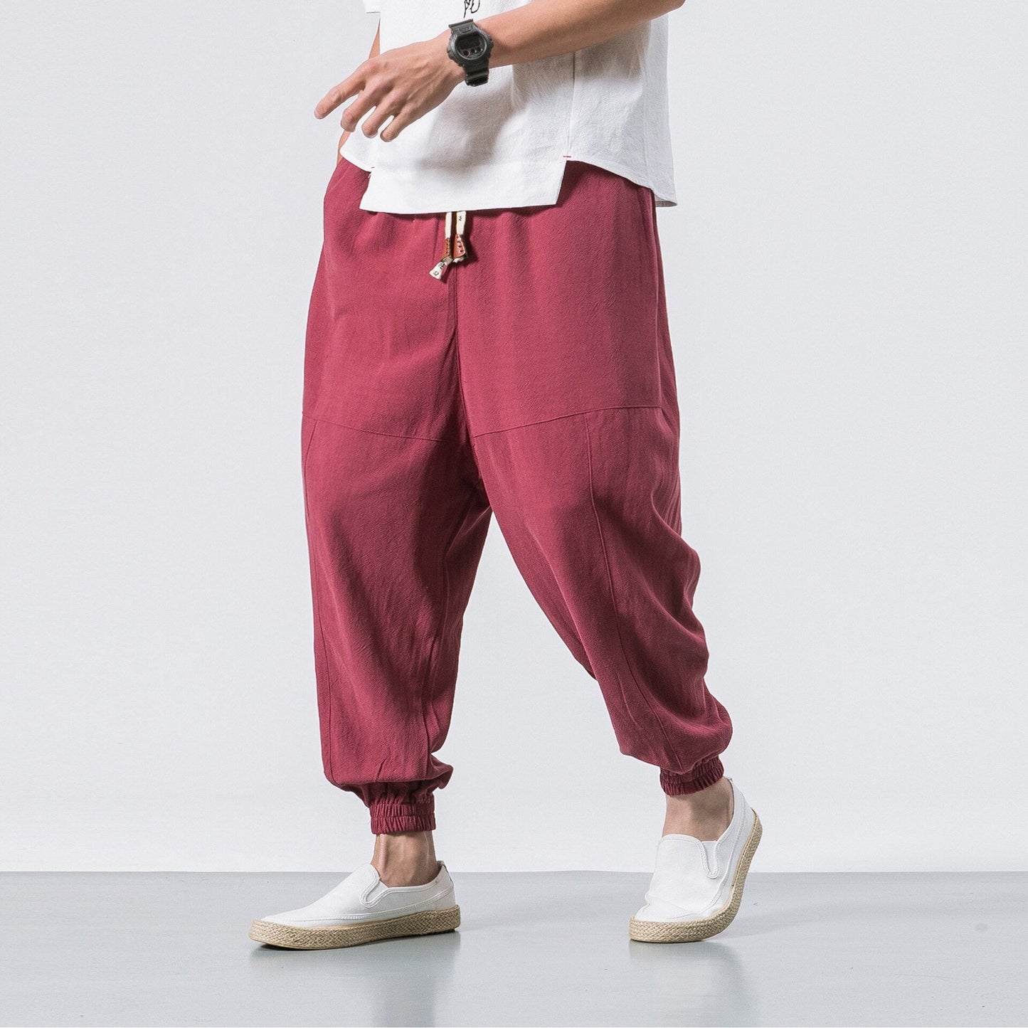 swvws Mens Vintage Hip Hop Style Baggy Jeans New Chinese Style Harem Pants Men Streetwear Casual Joggers Mens Pants Cotton Linen Sweatpants Ankle-Length Men Trousers M-5XL