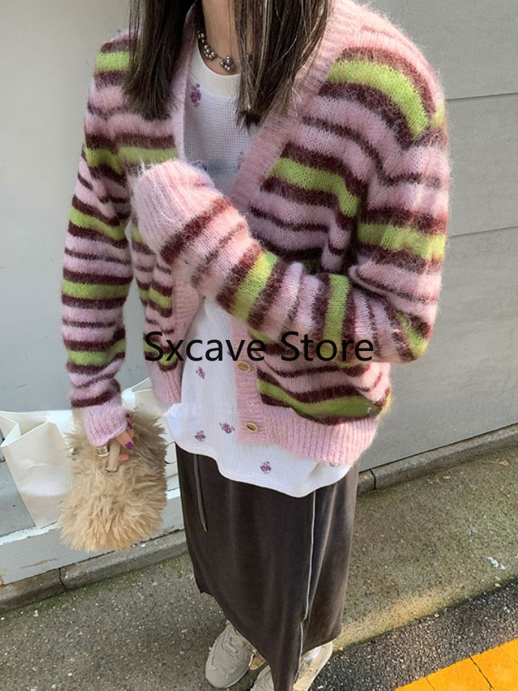 swvws  Autumn Faux Fure Knitted Cardigan Women Casual Long Sleeve Button Kawaii Clothing Striped Sweater Female Korean Style Tops