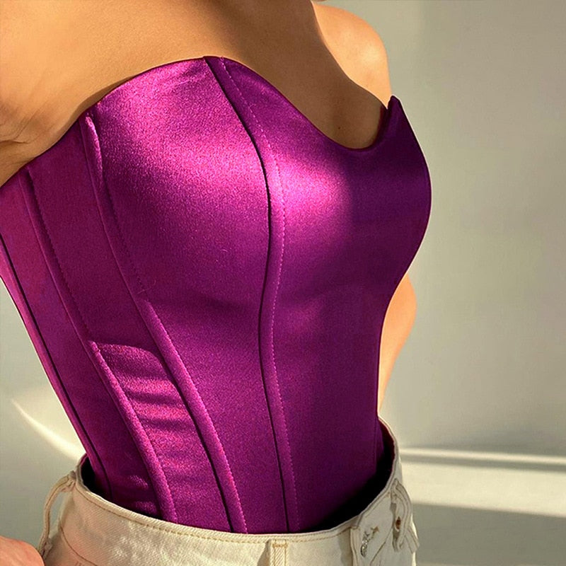 swvws  Patchwork Sexy Bustier Corset Crop Top Women Sleeveless Off Shoulder Purple Satin Bandage Tank Top Summer Club ASVE82591