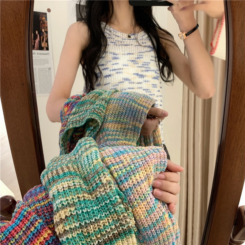 swvws Colorful Striped Summer Tanks Tops Women Korean Rainbow Sleeveless Shirts Top O-Neck Slim Knitted Top Slim Sexy Streetwear