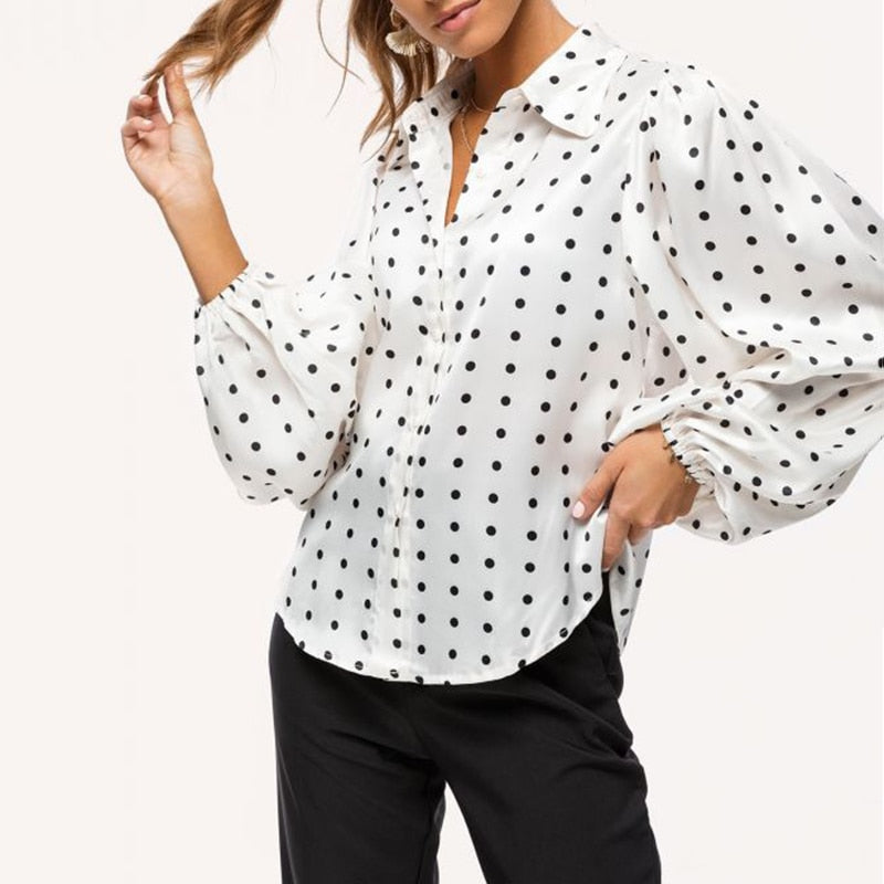 swvws New Office Lady White Blouse Shirt Women Polka Dot Lantern Sleeve Women Blouses Tops Oversized Loose Female Shirt Blusas