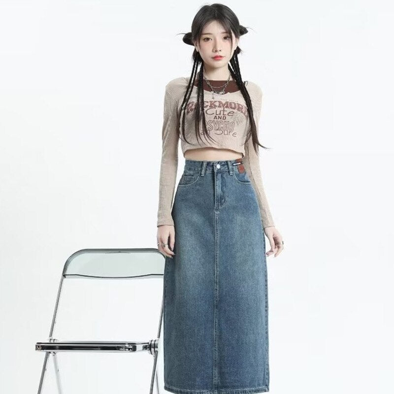 swvws Retro Denim Skirt For Women Spring And Autumn New Summer Mid Length Slim A-line Split Long Skirt Skirt