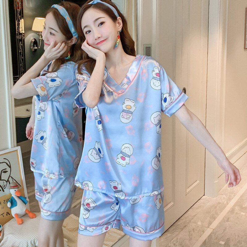 swvws Pajamas Women's Summer Silk V-Neck Short-Sleeved Two-Piece Suit Students Sweet And Cute Ice Silk Home Clothes Women