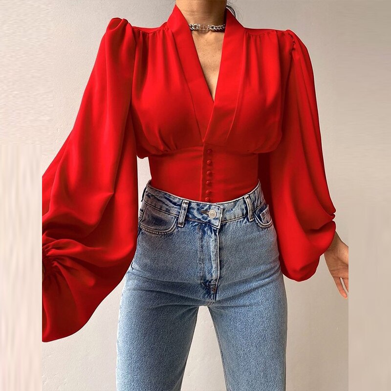 swvws New Women Solid Chiffon Button Shirt Blouses For Women Puff Long Sleeve Tops Women  V Neck Clothing  Female Button Up Shirt