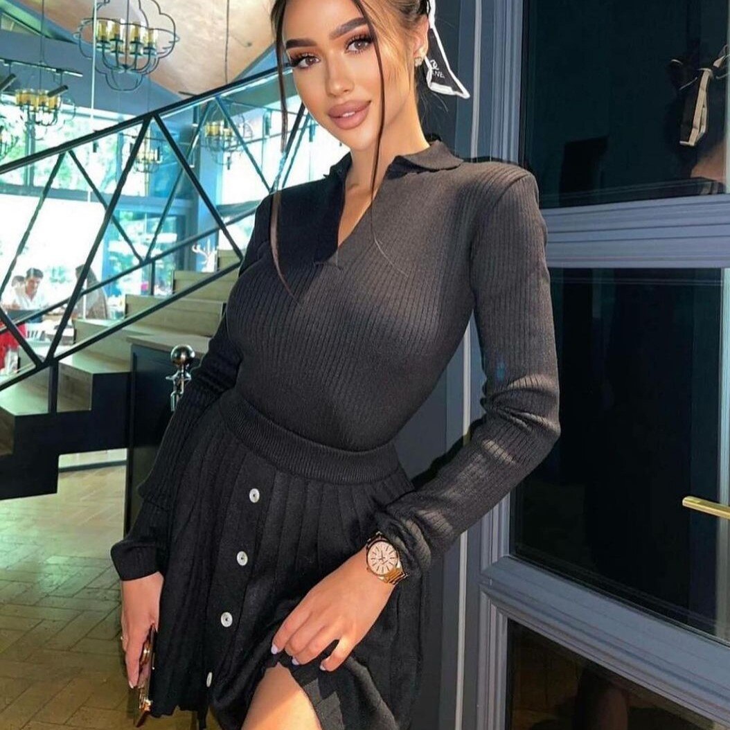 swvws Autumn Knitted Skirts Sets Women Mini Pleated Skirt Long Sleeve Slim Crop Pullover Lady 2 Pieces Set  Casual Female Suits