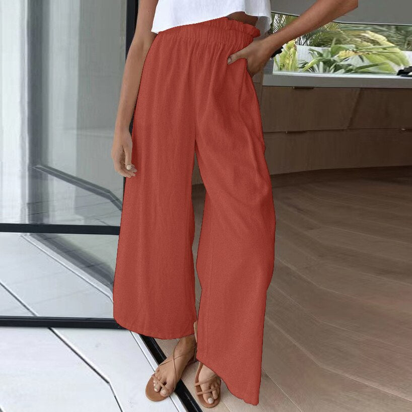 swvws Summer Cotton Linen Long Pant Women High Waist Wide Leg Pant Casual Solid Baggy Trouser Female Loose Retro Sweatpant Streetwear