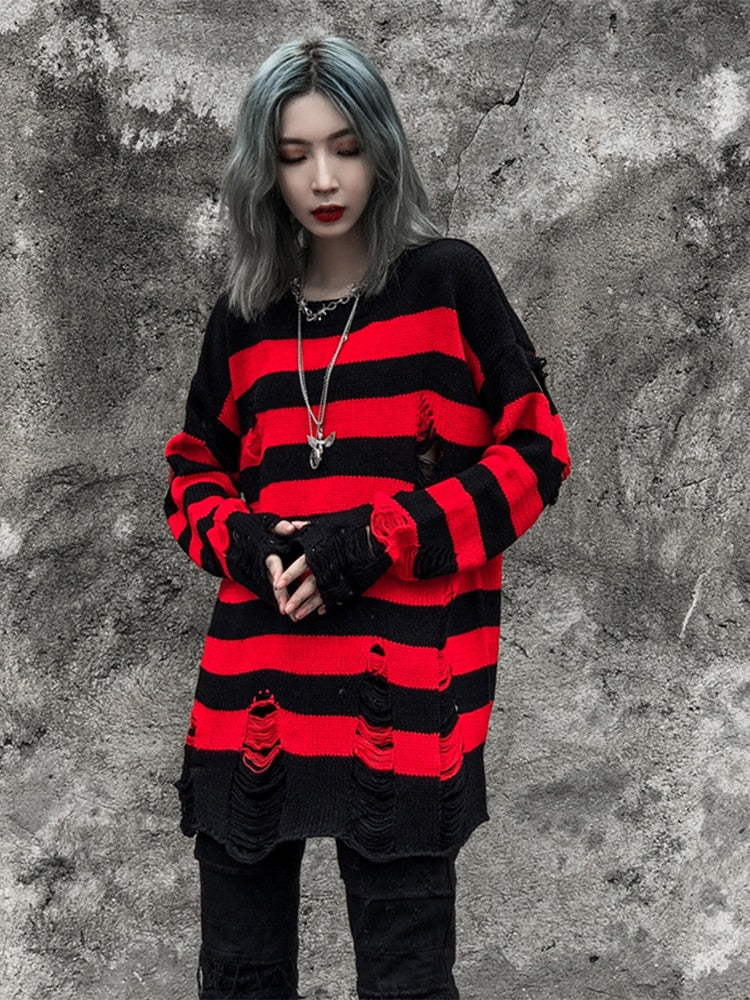 swvws Y2K Striped Sweaters Washed Destroyed Ripped Sweater Couple Hole Knit Jumpers Tops Unisex Oversized Pullovers Harajuku Su茅teres