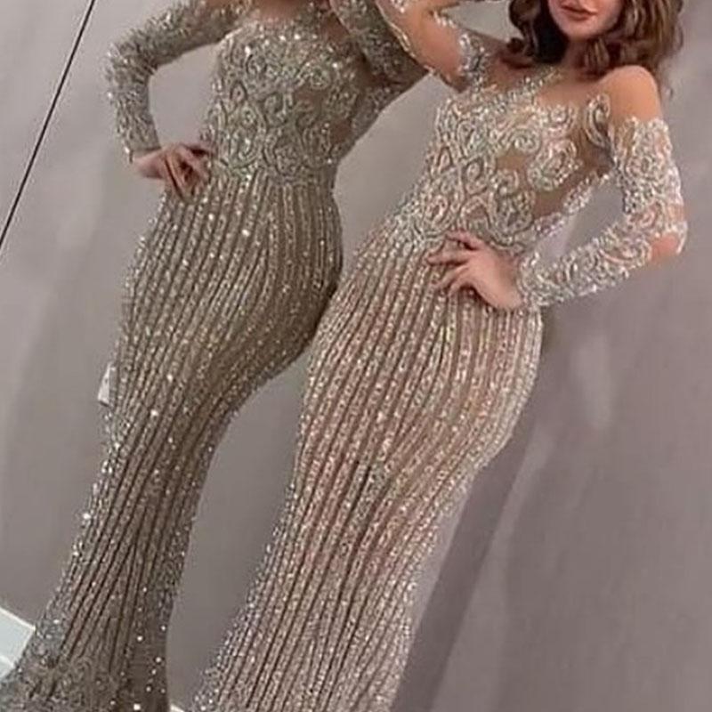 swvws Winter Women's Sexy High Waist Bodycon Dress Bronze Ball Dresses Female Dinner Party Long Sleeve Full Length Dress Shiny Sequins