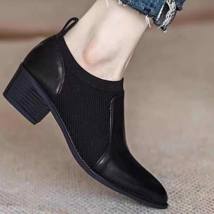 swvws Autumn New Soft Work Shoes,Women Mid Heels,Stretch,Pointed Toe,Slip On British Style