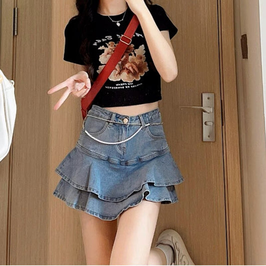 swvws Lazy Skirt Harajuku Simple And Versatile Trend Women Ins Solid Color New A-type Midskirt High Waist Literary Denim Skirt