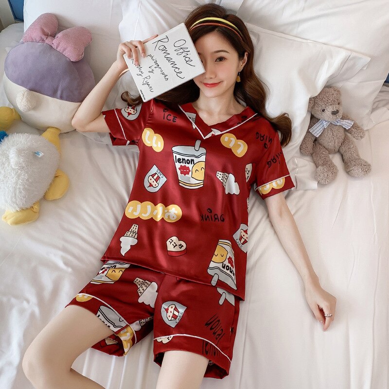 swvws Pajamas Women's Summer Silk V-Neck Short-Sleeved Two-Piece Suit Students Sweet And Cute Ice Silk Home Clothes Women