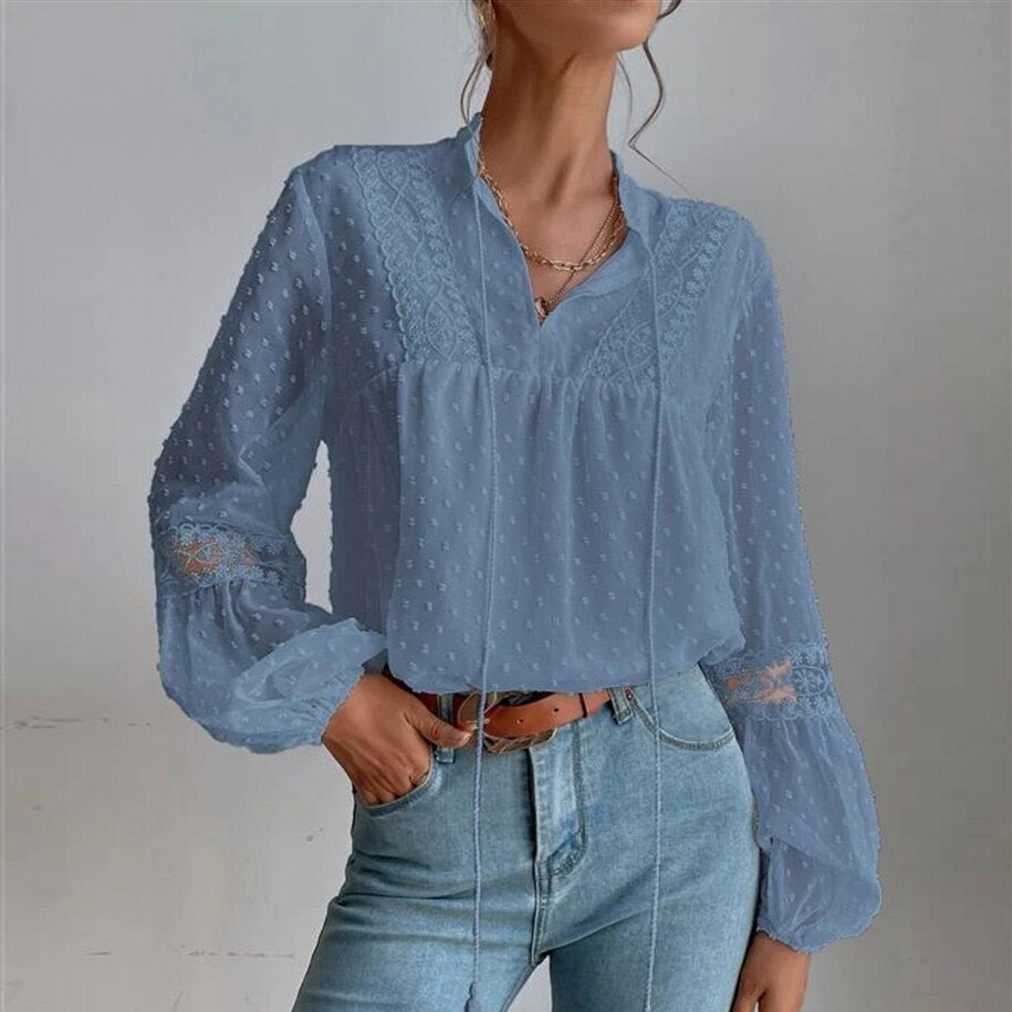 swvws Summer Elegant Polka Dot Blouse Shirt Women Long Sleeve Casual Blouses Loose Jacquard Office Lady Tops Female V Neck Solid Shirt