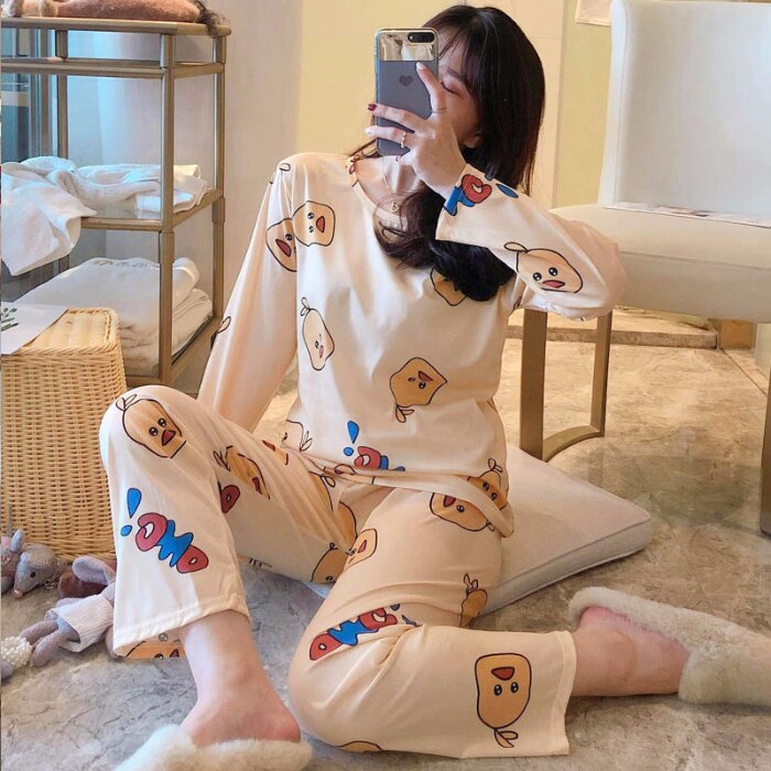 swvws Spring And Autumn Pajamas Women's Long-Sleeved Trousers Two-Piece Set Of Milk Silk Thin Section Breathable Student Home Clothes