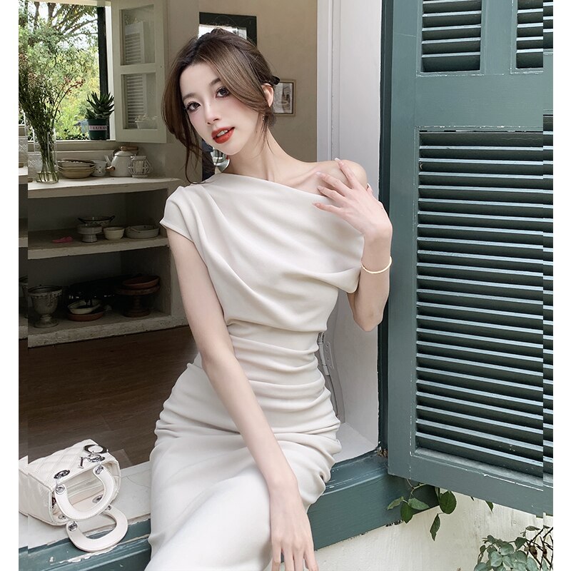 swvws French Temperament Celebrity Wind Sexy Strapless Oblique Collar Dress Female Spring and Summer Slim Open Package Hip Long Dress