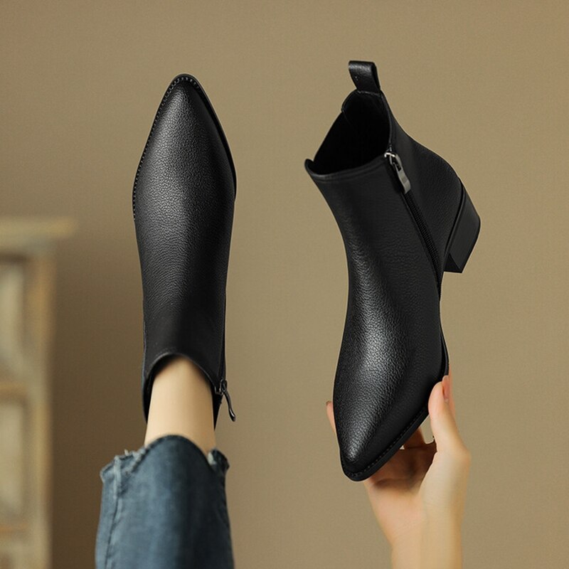 swvws  fashion inspo   NEW Autumn Boots Women Split Leather Shoes for Women Pointed Toe Chunky Heel Shoes Retro Zipper Short Boots Black Ankle Boots