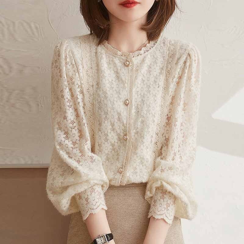 swvws Elegant Lace Crochet Women's Blouse Sweet Autumn Vintage Flowers Button Shirt O Neck Casual Loose Long Sleeve Blouses Tops 16619