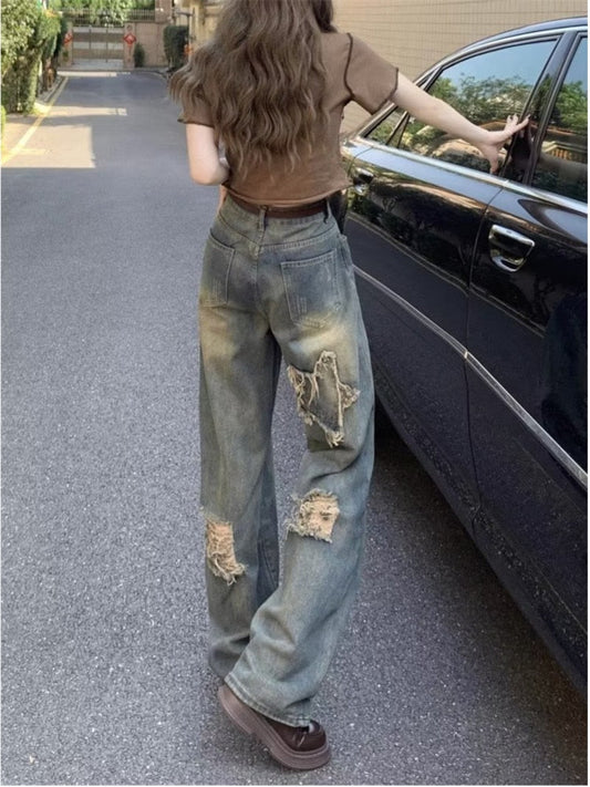 swvws Perforated Jeans, Summer Loose Straight Leg Wide Leg Pants, Niche Stitching, Old Beggar Pants, Women's Jeans