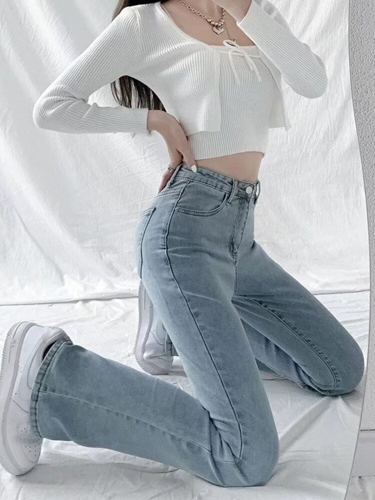 swvws split jeans women's spring and autumn new high-waisted slim fit slim wide-legged micro-flare mopping pants trendy ins