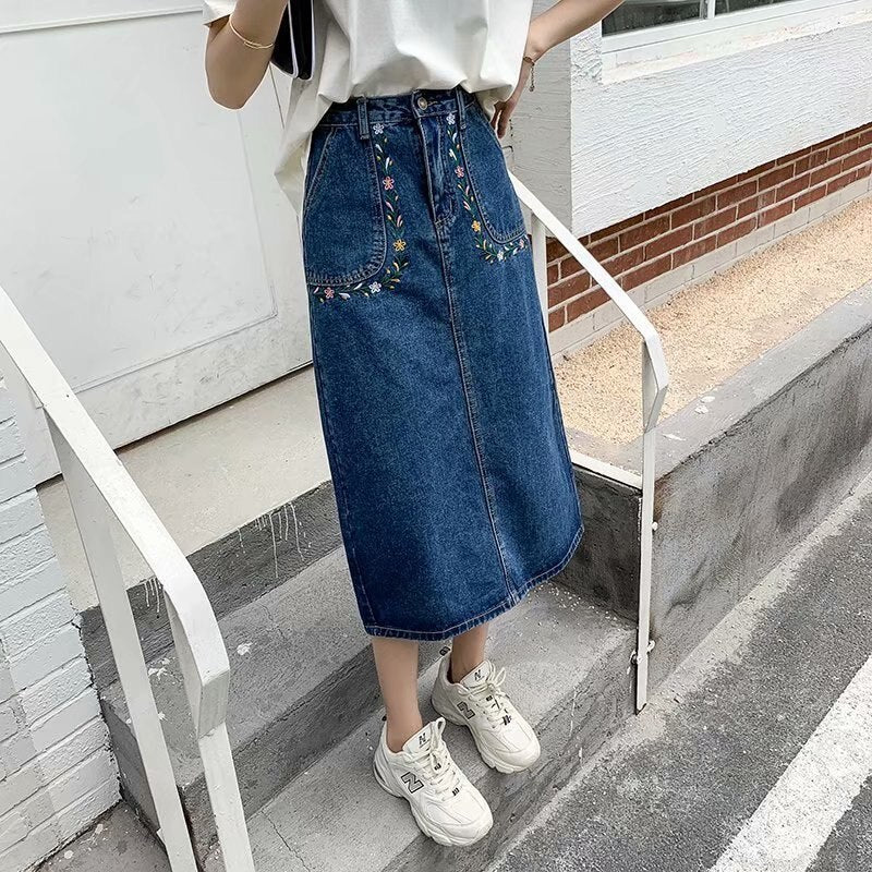 swvws  New Denim Skirt Women's Spring And Autumn Design Sense Mid-length High Waist Large Size Slim Embroidered Long Skirt