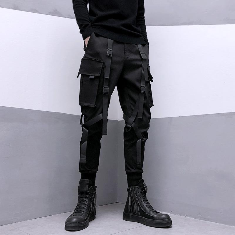 swvws Back To School  Black Cargo Pants For Men Cargo Trousers Male Japanese Streetwear Hip Hop Spring Ribbon Pocket Harajuku Fashion