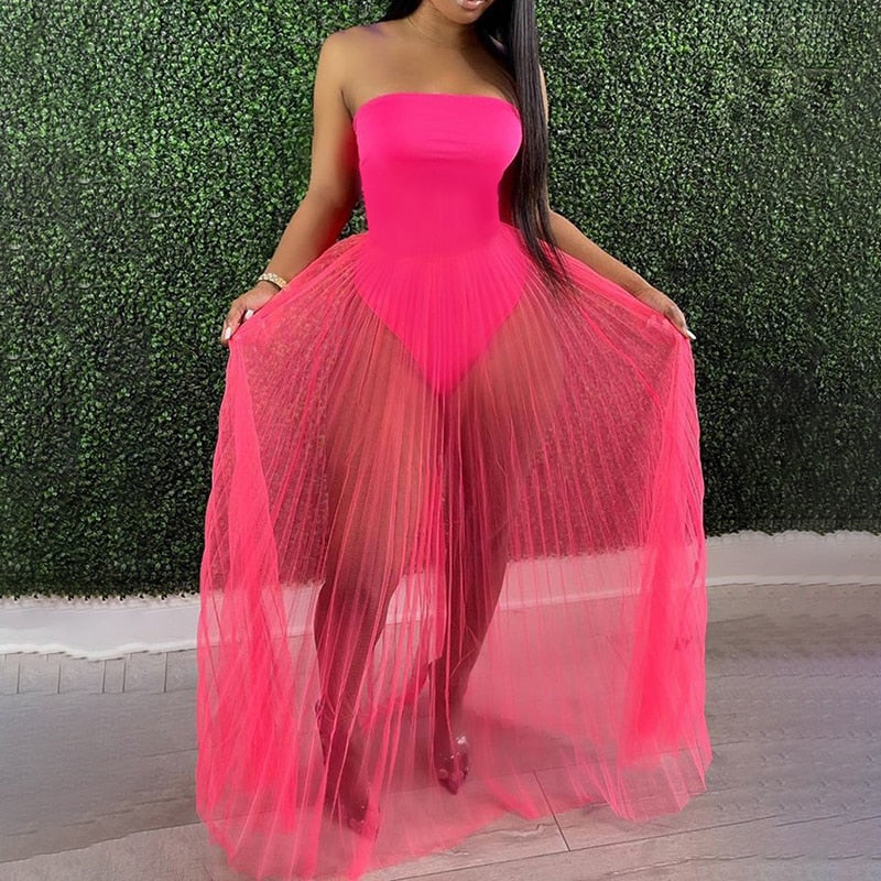 swvws Fashion Women Mesh Maxi Dress Robes Beachwear Off Shoulder Leaf Print Tube See-Through Pleated Long Party Club Dress