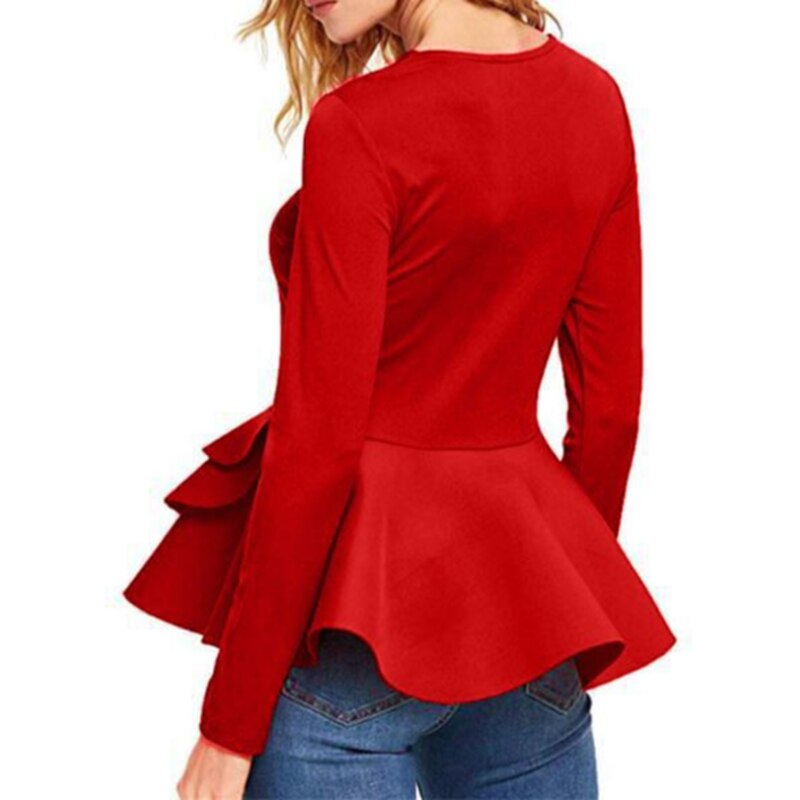 swvws Long Sleeve White Ruffle Hem T-Shirt Autumn Women Tops Office Lady Winter Casual Peplum Tops Elegant Black Red Female New Tees