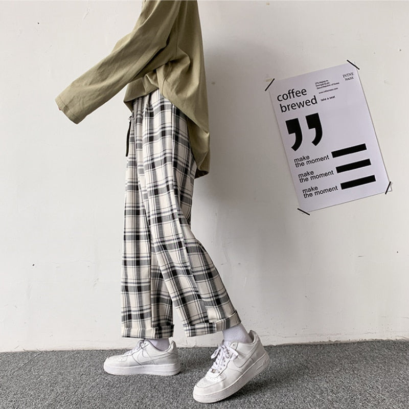 swvws Back To School  Plaid Pants Men Linens Korean Checked Trousers Male Streetwear Fashion Bottoms Summer Wide Leg Pants Harajuku Breathable