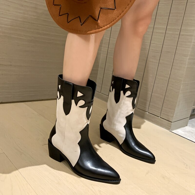 swvws  Autumn Shoes   NEW Autumn Fashion Women Boots Pointed Toe Chunky Heel Shoes Women Genuine Leather Boots Women Black Western Boots Cowboy Boots