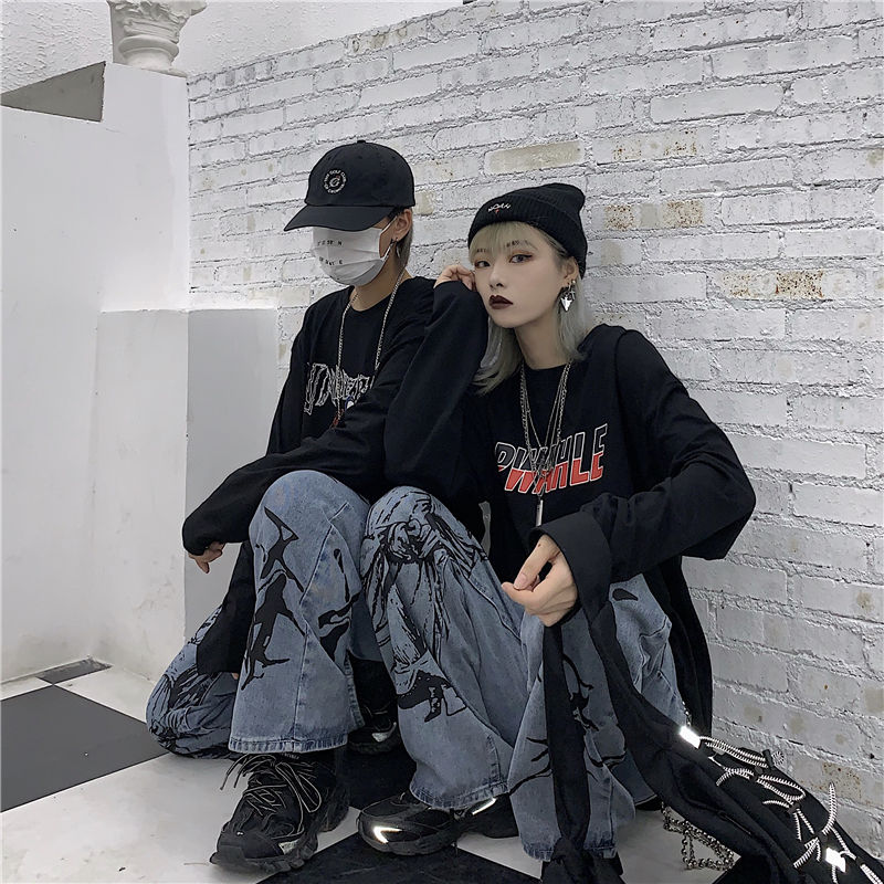 swvws Harajuku Women Jeans Pants Streetwear Print Hippie Denim Pants Women Korean Style Wide Leg Pants Vintage Grunge Trousers