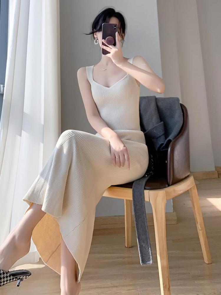 swvws Korea Summer New Women White Elegant V-neck Knit Slip Long Dress French Black Sexy Club Slim Prom Evening Party Fishtail Dresses