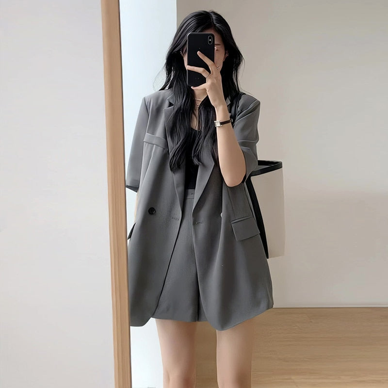 swvws  Summer Retro Korean Version of the Temperament Short-sleeved Suit Jacket + Shorts Set Casual Loose Suit Two-piece Female