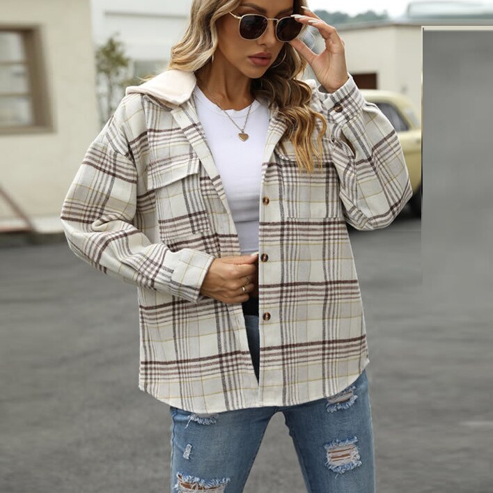 swvws Autumn Plaid Hooded Shirts Women Casual Buttoned Jackets  Vintage Loose Coats Long Sleeve Lapel Tops Female Pockets Outerwears