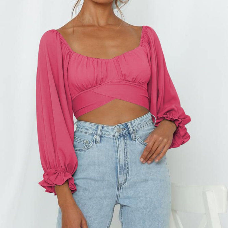 swvws Sexy Chiffon Mesh Off Shoulder Crop Top T Shirt Puff Sleeve Bandage Backless V Neck T-Shirt Women Club Autumn ASBL83465