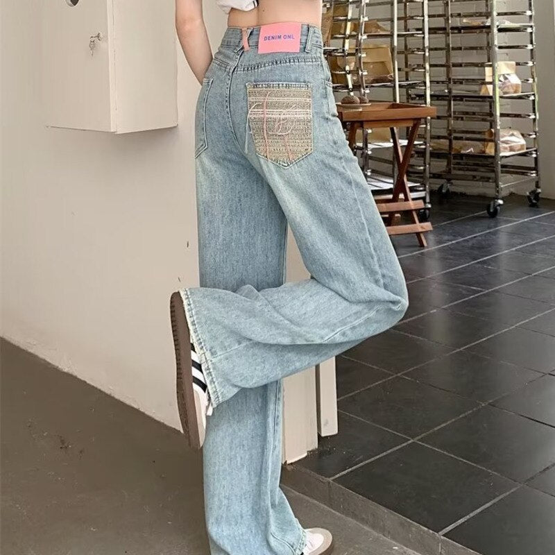 swvws Baby Blue Loose Straight Jeans Women's High Waist Thin Summer Thin Design Tassel Versatile Wide Leg Pants Trend