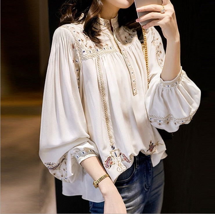 swvws Vintage Print White Blouse Women  Spring Autumn Elegant Long Puff Sleeve Casual Shirts Female Korean Style Sweet Lady Tops