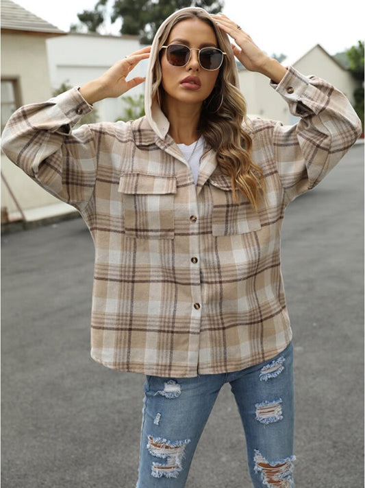 swvws Autumn Plaid Hooded Shirts Women Casual Buttoned Jackets  Vintage Loose Coats Long Sleeve Lapel Tops Female Pockets Outerwears