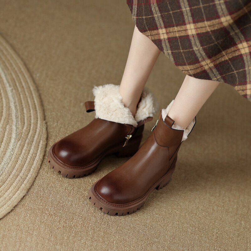 swvws Autumn Boots    Winter Women Boots Round Toe Chunky Boots for Women Split leather Shoes Women Thick Heel Boots Casual Wool Warm Boots Snow Boots