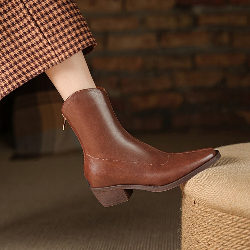 swvws  fashion inspo   NEW Fashion Women Shoes Split Leather Boots Square Toe Chunky Heel Shoes Winter Zipper Western Boots Women Solid High Heel Boots