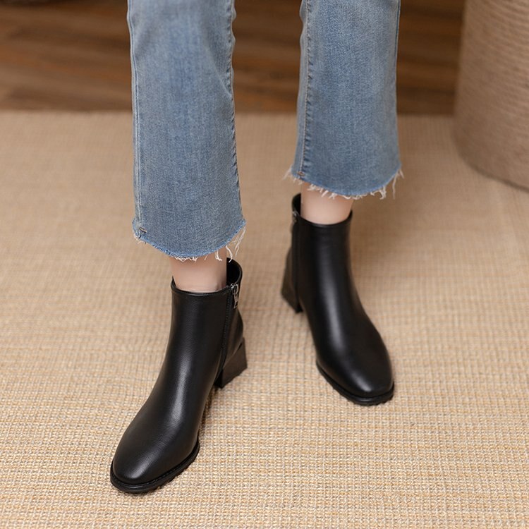 swvws Women Ankle Boots Mid Heels Dress Shoes Woman Ol Office Lady Shoes Winter Botines with Zipper Black Botas De Mujer Brown