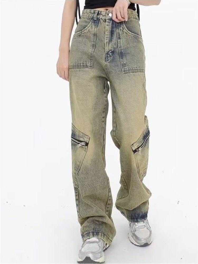 swvws Vintage Street Deconstructed Design Sense Jeans Yellow Mud Dyed Old Vintage Straight Tube Loose Wide Leg Pants Women's Jeans