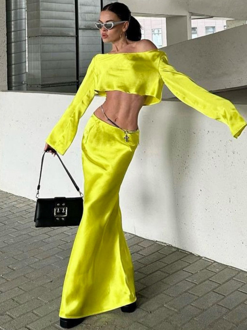 BACK TO COLLEGE   Autumn Diagonal Collar Long Sleeve Cropped T-shirts and Long Maxi Skirts Two Piece Sets for Women Party Dress Streetwear