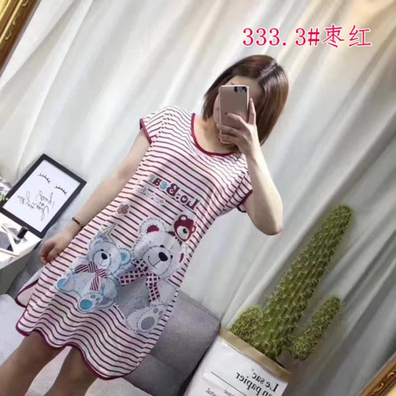 swvws Summer Cartoon Nightdress Ladies Milk Silk Double-Sided Printing Cute Nightdress Women's Nightgown Sleepwear Night Wear