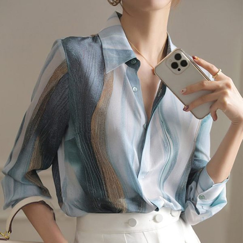 swvws Printed Elegant Chiffon Blouse Women Tops Long Sleeve Vintage Satin Blouses Women Fashion Autumn Casual Loose Silk Shirt