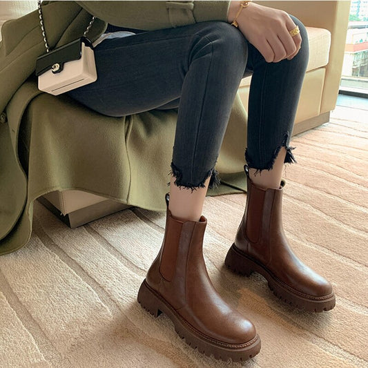 swvws  fashion inspo   NEW Fall/Winter Shoes Women Split Leather Ankle Boots Round Toe Chunky Shoes for Women Solid Chelsea Boots Leisure Black Boots